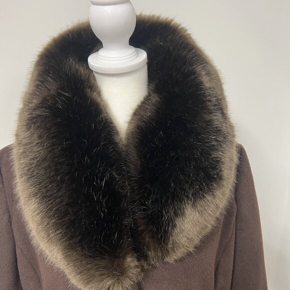 Vtg Women’s 6 Jones New York Brown Wool Blend Pea Coat Trench Faux Fur Collar - Picture 2 of 16